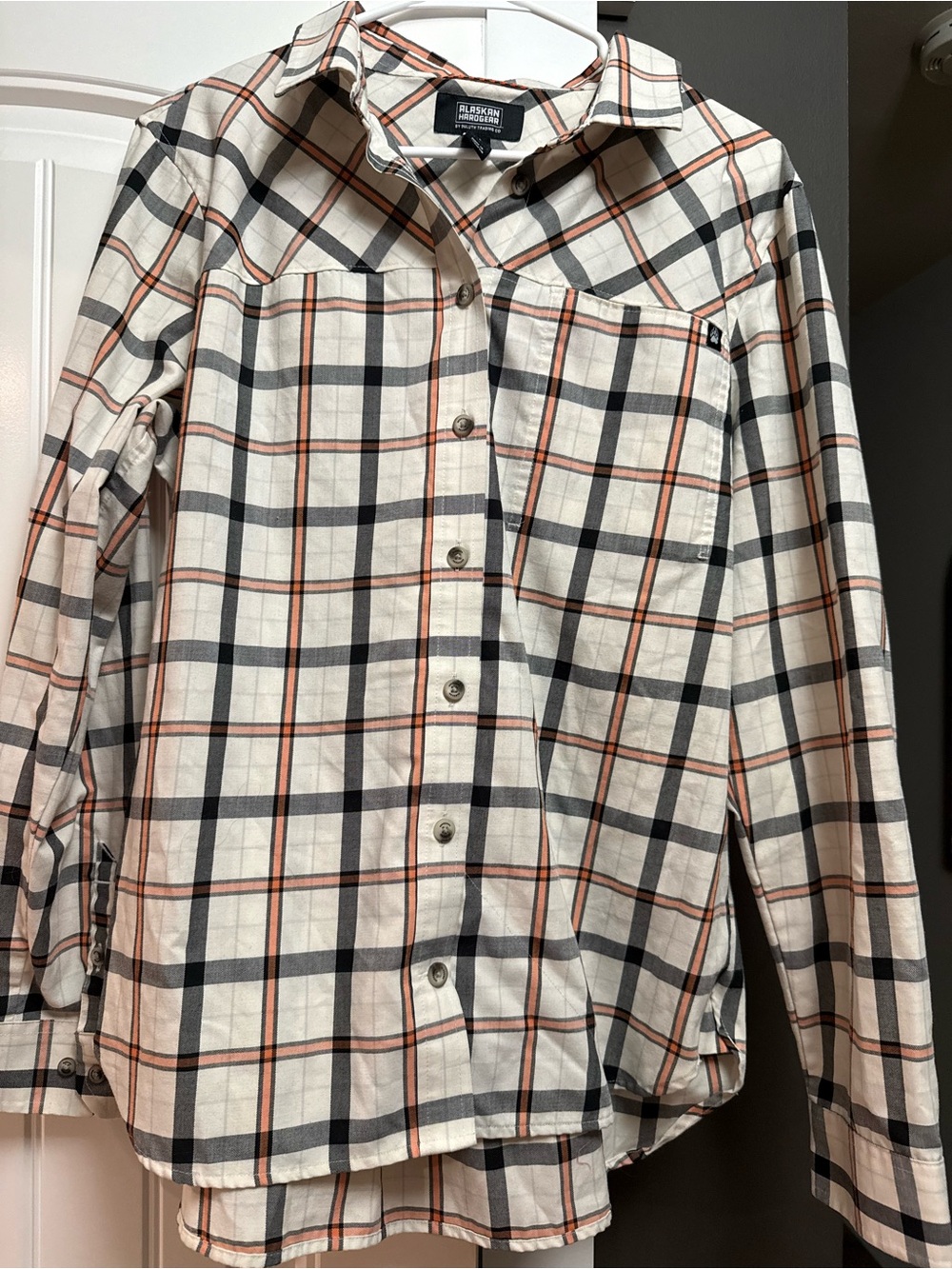 Duluth Trading Co Cream Plaid Button-Down Shirt with Black and Orange Lines